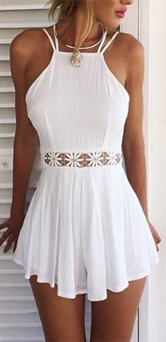 White Spaghetti Strap Halter Open Back Cut Out Lace Waist Pleated Short Prom Dress 0930 -   12 dress For Teens summer ideas