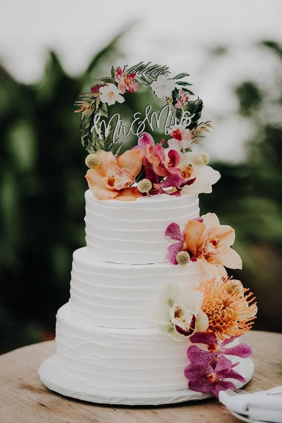 Tropical Wedding Cake Topper Floral Wreath Mr & Mrs Colorful Wooden Cake Decoration Wedding Decor Be -   13 desserts Cake wedding ideas