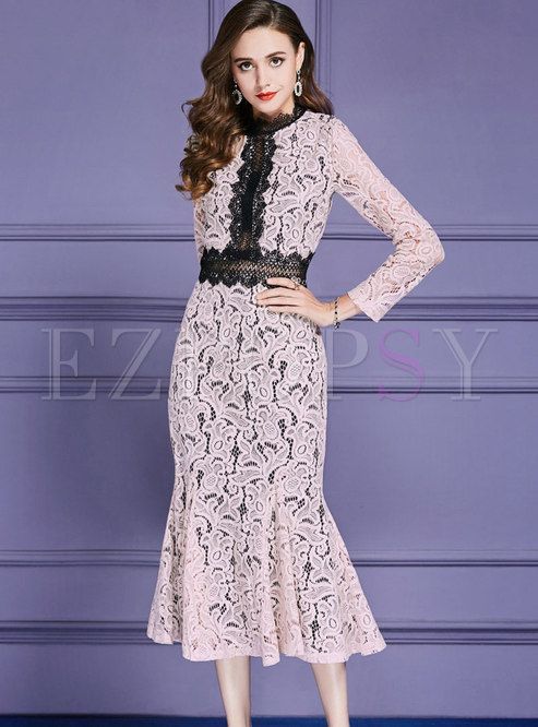 Elegant Lace-paneled Falbala Hem Hollow Out Midi Dress -   14 brokat dress Lace ideas