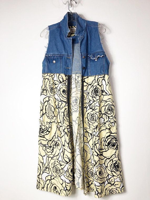 Denim Duster, Long Sleeveless Jacket, Women's Up-cycle, Pockets, Boho Clothing, Unique, Artsy, Fun, Casual, One of a Kind, Floral Design -   16 DIY Clothes Boho tees ideas