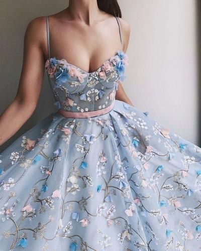 Spaghetti Straps Lace Flower A-line Long Evening Prom Dresses, Cheap Sweet 16 Dresses, 18448 from OkBridal -   17 dress Blue aesthetic ideas
