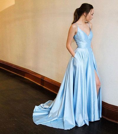 Blue v neck satin long prom dress, blue evening dress from Dress idea -   17 dress Blue aesthetic ideas