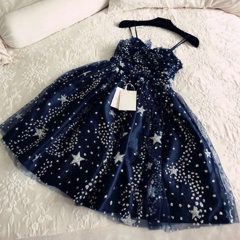 Glitter Stars Sequins Beaded Short Navy Blue Party Dresses -   17 dress Blue aesthetic ideas