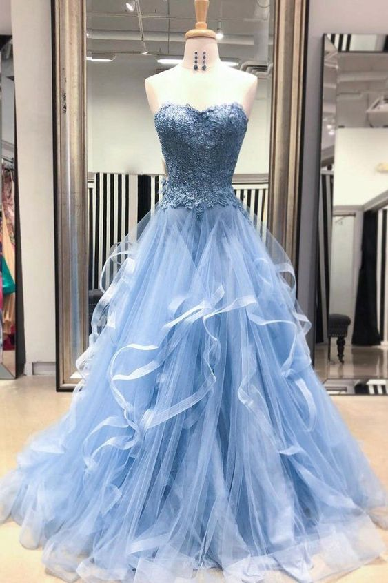 Sweetheart Blue Tulle Layered Long Prom Dress, Lace Evening dress, Homecoming Dresses , Party Dresses -   17 fancy dress Lace ideas