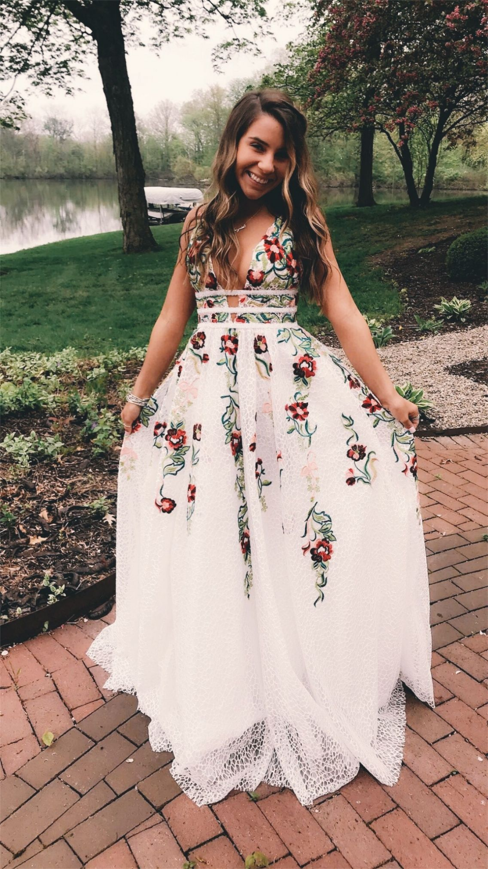 Popular A-Line Deep V-Neck Backless Ivory Lace Prom Dress with Appliques -   17 fancy dress Lace ideas