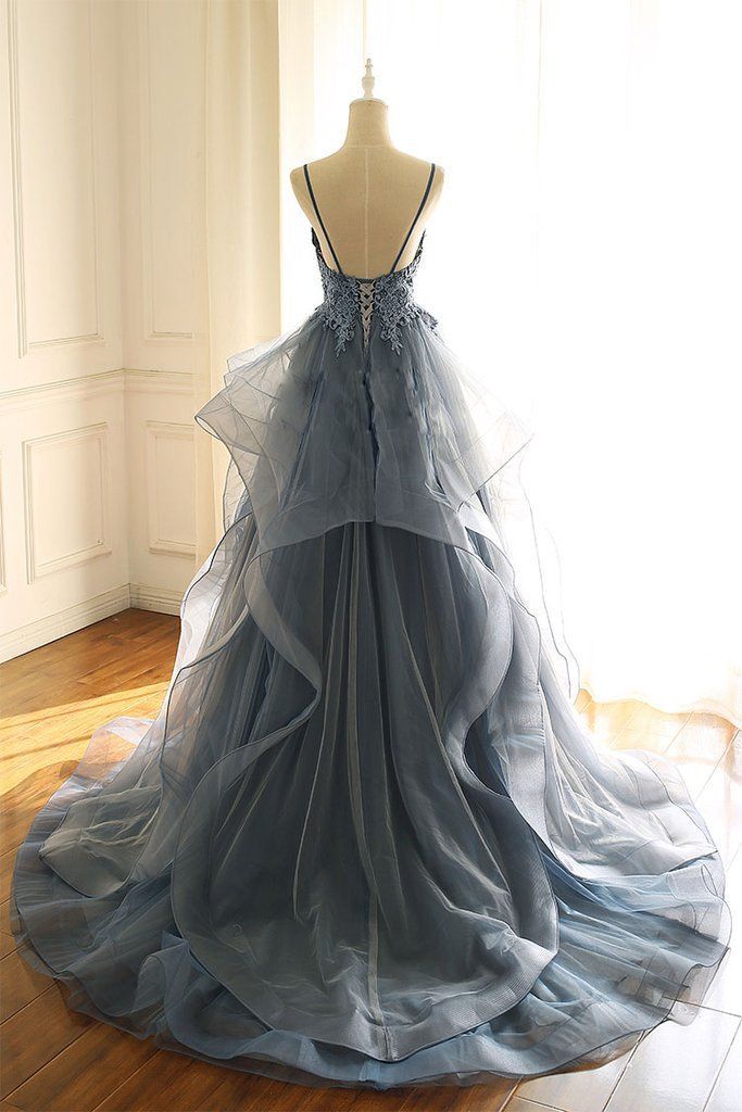 Gray blue tulle lace long prom dress, blue evening dress -   17 fancy dress Lace ideas