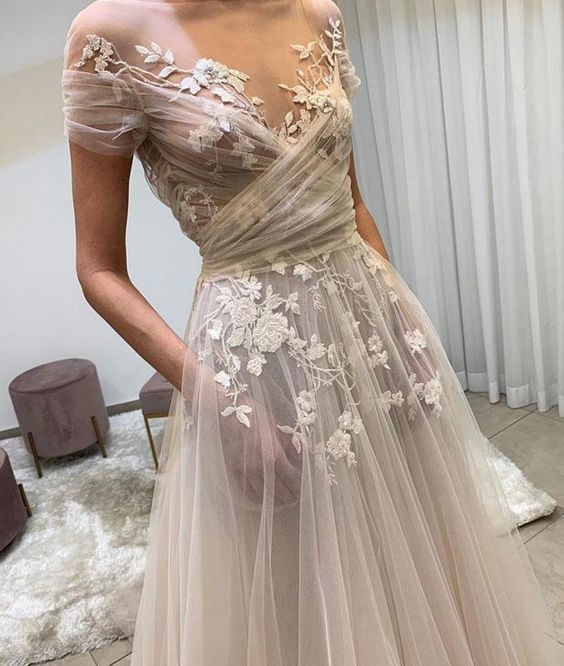 Light champagne tulle lace long prom dress, lace evening dress -   17 fancy dress Lace ideas