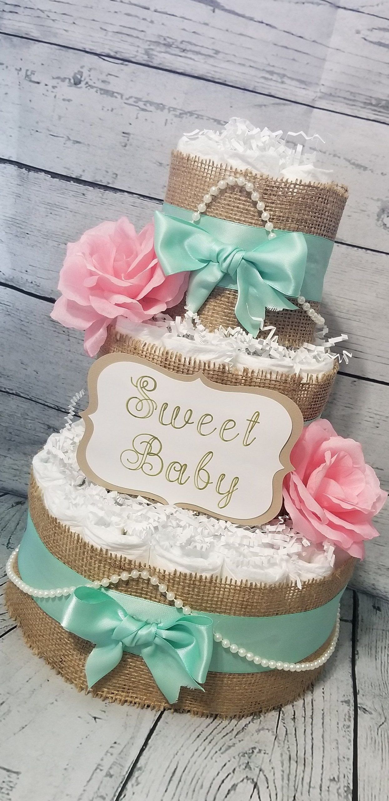 3 Tier Diaper Cake - Shabby Chic Diaper Cake / Mint and Pink Diaper Cake / Sweet Baby Diaper Cake / Vintage Burlap Diaper Cake / Flower Cake -   18 cake Girl flower ideas