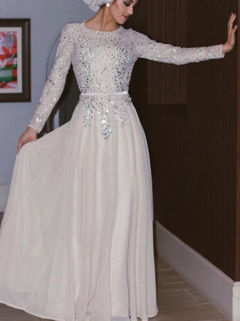 prom dresses with full sleeve,Light Grey A-line Scoop Floor-length Chiffon Prom Dresses Evening Dresses 8782 -   10 dress Prom hijab ideas
