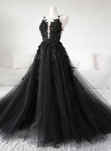 Unique Black Tulle V Neck Sheer Back Lace Applique Evening Dress, Formal Dress D-021 -   13 dress Black red ideas