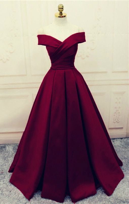 Elegant Wine Red Satin Prom Dress Off Shoulder A-line Burgundy Evening Dresses -   13 dress Prom off shoulder ideas