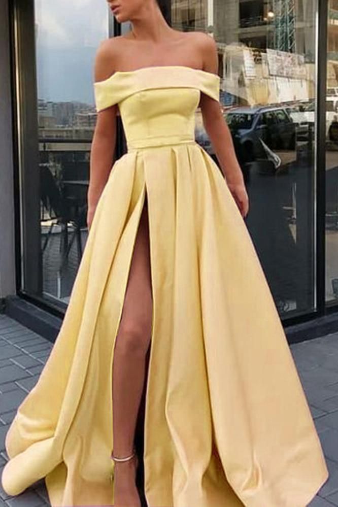 A Line Off the Shoulder Satin High Slit Yellow Prom Dresses Long Formal Dresses PW417 -   13 dress Prom off shoulder ideas