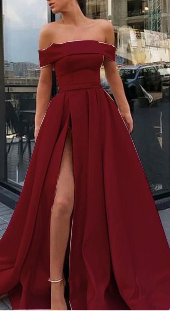 Elegant Off the Shoulder Burgundy Satin Long Formal Prom Dresses Evening Fancy Dress -   13 dress Prom off shoulder ideas
