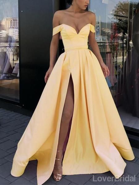 Off Shoulder Yellow Side Slit Cheap Yellow Long Evening Prom Dresses, Party Prom Dresses, 18615 -   13 dress Prom off shoulder ideas