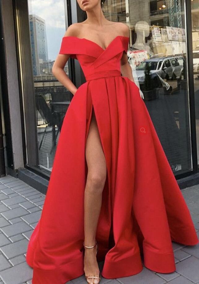 Princess Off The Shoulder Red Prom Dress A Line Formal Evening Gown With High Slit -   13 dress Prom off shoulder ideas