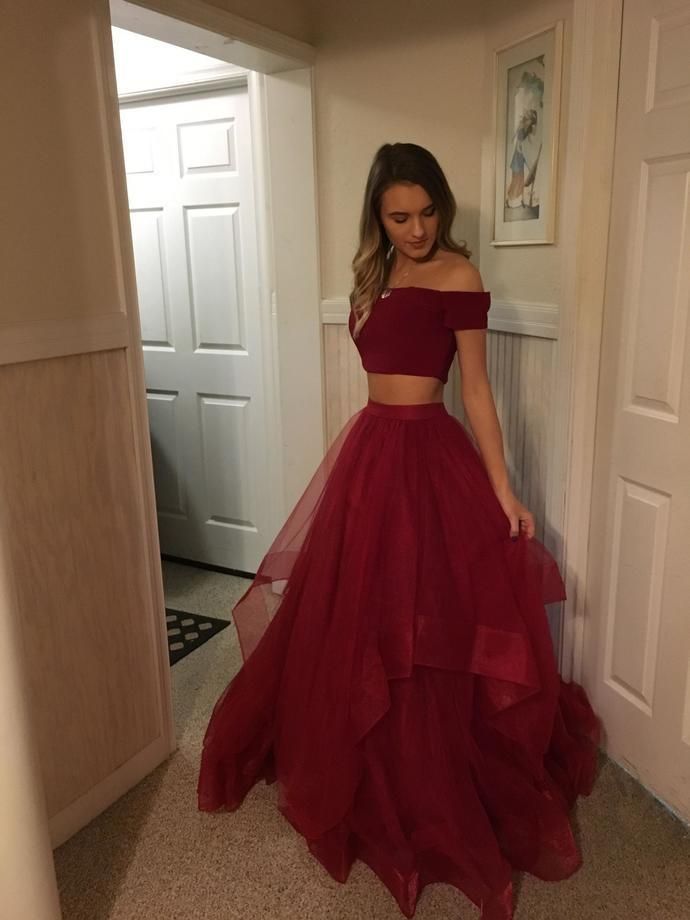 Two Pieces Red Prom Dress,Tulle Off Shoulder Evening Dresses Prom Gowns Tulle Prom Dresses Cheap -   13 dress Prom off shoulder ideas