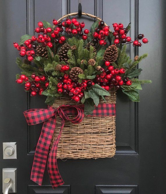NEW 2019 Christmas Wreaths, Holiday Decor, Christmas Berry Wreath, Red and Black Buffalo Check Ribbon, Holiday Gift Basket, Twig Basket -   14 holiday Wreaths design ideas