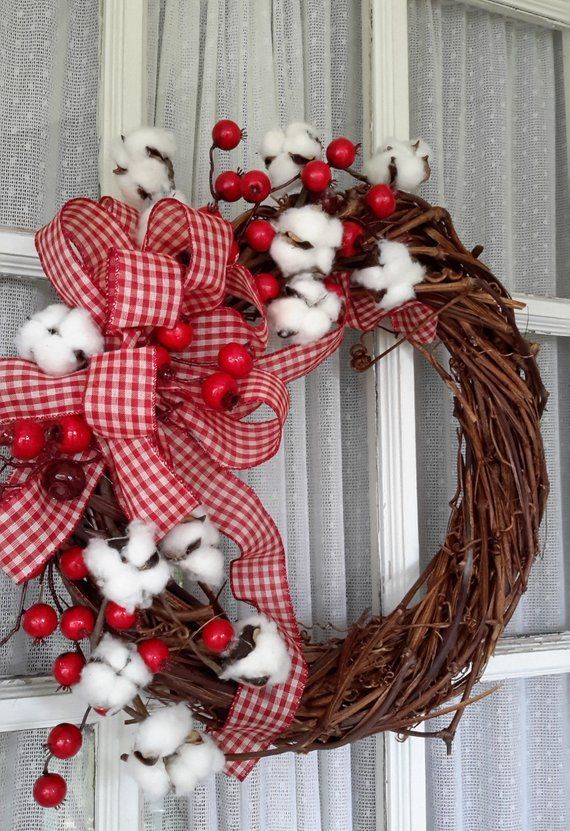 Country Style Cotton Wreath,  Farmhouse Style Wreath,  All  Season Wreath, Grapevine Wreath -   14 holiday Wreaths design ideas