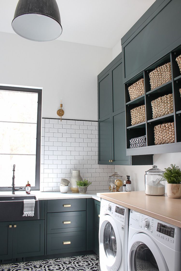 The Laundry/Dog Room: Dark Green Cabinets Layered On Classic Black + White Design -   14 room decor Green cabinet colors ideas