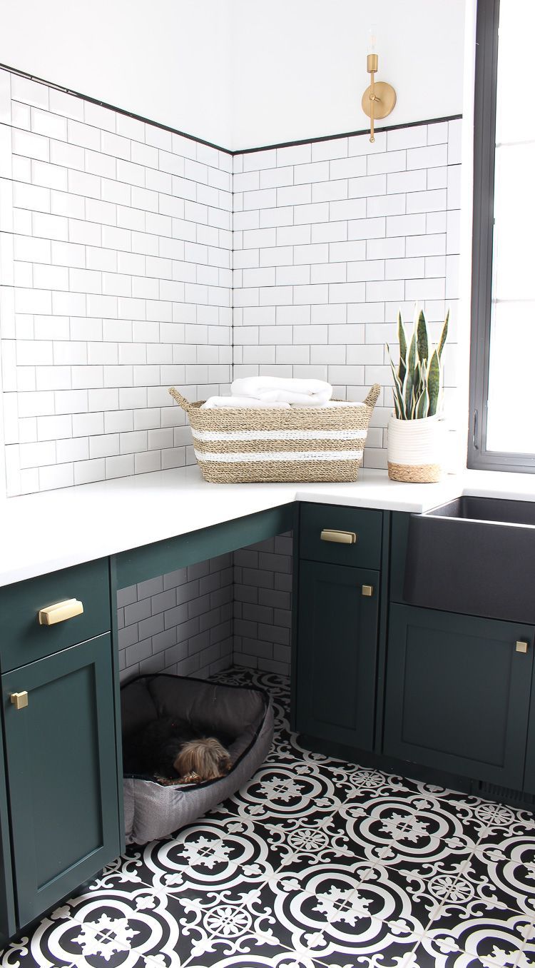 The Laundry/Dog Room: Dark Green Cabinets Layered On Classic Black + White Design -   14 room decor Green cabinet colors ideas