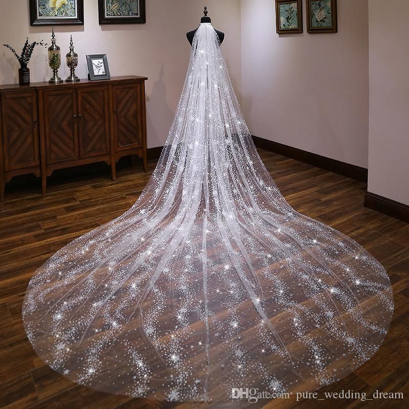 2019 Luxury Sparkle Shining Veils With Comb For Wedding 137 Inch High Quality Cathedral Length Accept Custom Made Amazing Bridal Veils 137 Inch Long Veil With Pearls For Beautiful Veil for Wedding Online with $46.71/Piece on Pure_wedding_dream's Store -   14 wedding Veils glitter ideas