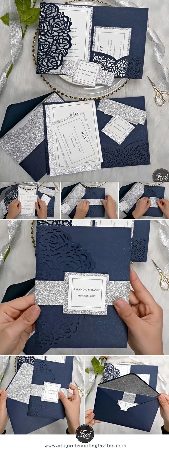 elegant navy blue rose laser cut pocket wedding invitations with glitter belly bands and tags EWWS189 -   17 cricut wedding Invitations ideas