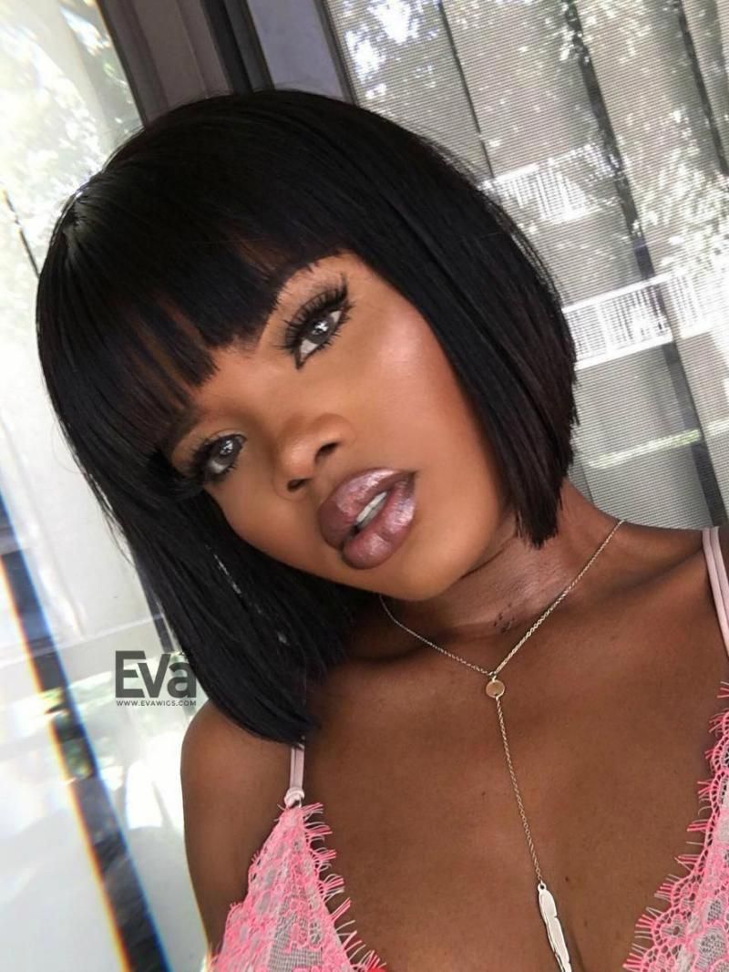 Inverted Cut Bob with Full Fringe Bangs Virgin Human Hair Full Lace Wig In Stock -   17 hairstyles For Black Women with big foreheads ideas