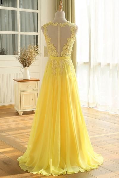 Yellow lace see through long prom dresses, yellow chiffon evening dress -   18 dress Yellow formal ideas