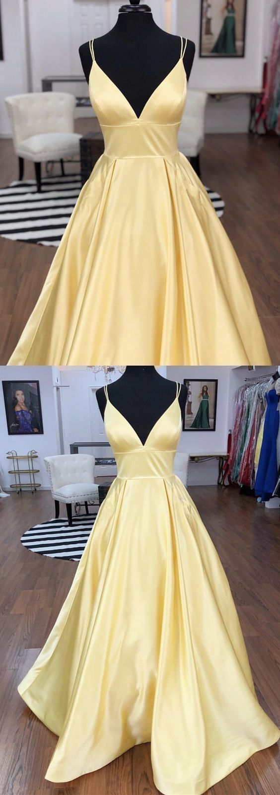 Sexy Straps V-neck Satin Long Prom Dresses 2019 With Pocket -   18 dress Yellow formal ideas