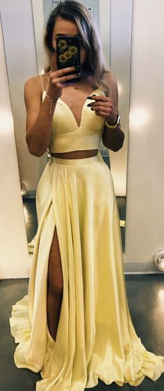Charming Two Piece Prom Dress, Sexy Sleeveless Long Evening Dress with Slit -   18 dress Yellow formal ideas