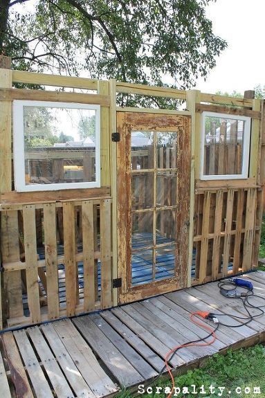 Pallet Shed Using Pallets, Old Windows & Tin Cans -   20 diy projects With Pallets old windows ideas