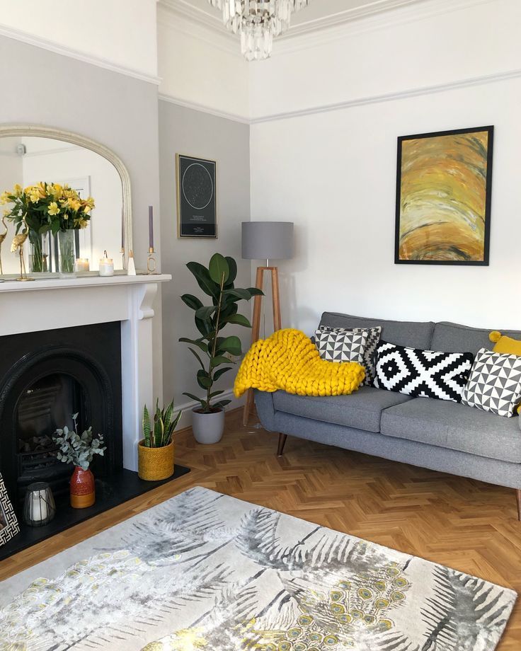 Living room with Farrow and Ball Dimpse with white and a hint of mustard yellow -   6 home accents Living Room grey ideas