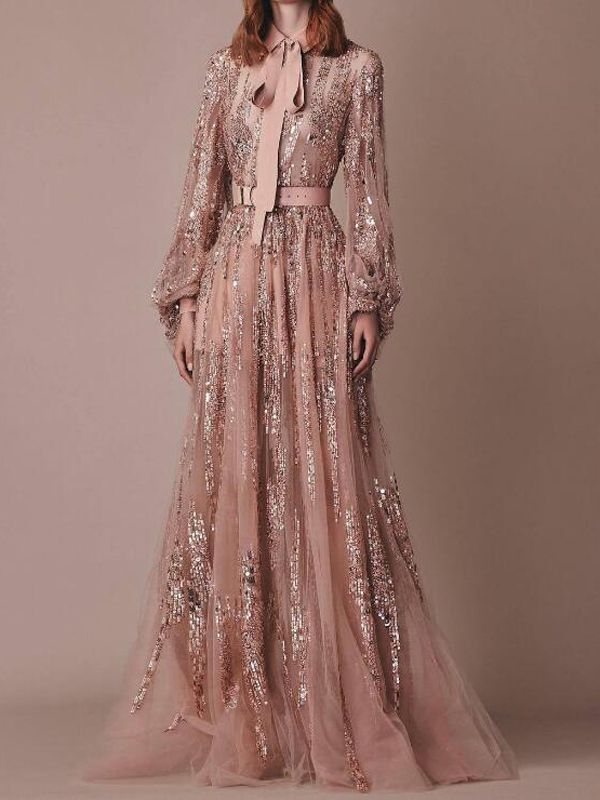 Pink Patchwork Sequin Grenadine Lantern Sleeve Wedding Prom Banquet Party Maxi Dress -   7 dress Muslim graduation ideas