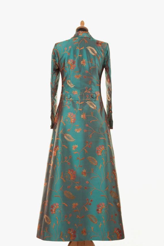 Women's Long Silk Coat, Turquoise, Orange, Brown, Embroidered Silk, Floral, Floor Length, Plus Size, Petite, Wedding Guest, Formalwear -   11 dress Silk coats ideas