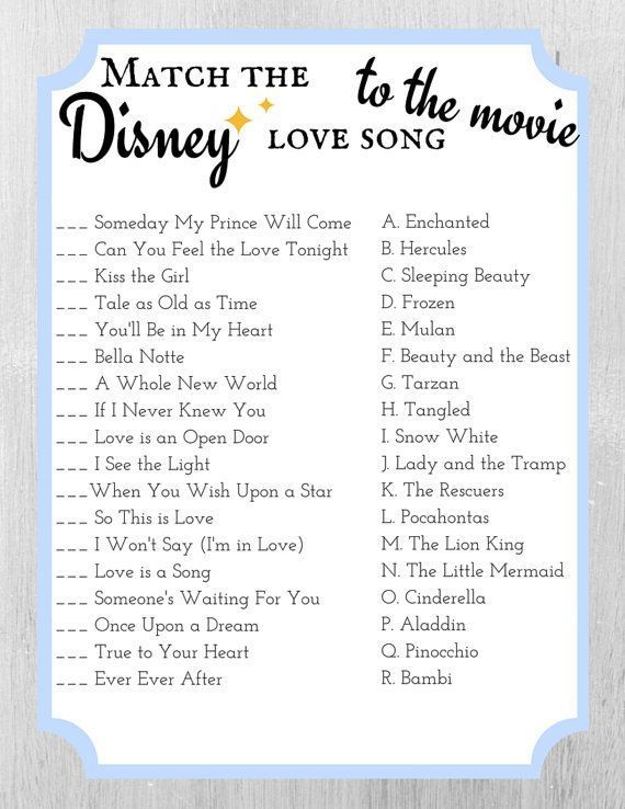 Match the Disney Love Song to the Movie - Bridal Shower Game Template - Cinderella Blue -   12 disney wedding Songs ideas