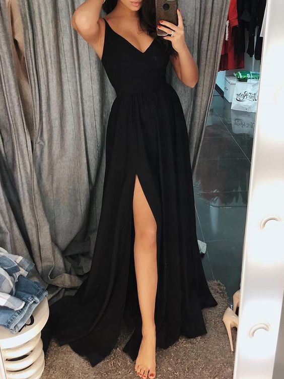 Black Maxi Dress with Slit Appliques Long Formal Prom Dress Sexy -   14 Elegant black dress ideas