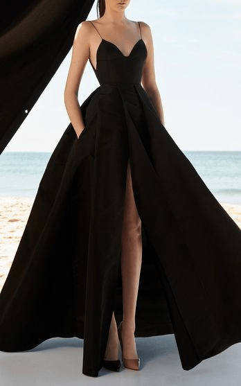 Fashion Spaghetti Straps Evening Dress with Front Slit, Black Prom Dress -   14 Elegant black dress ideas