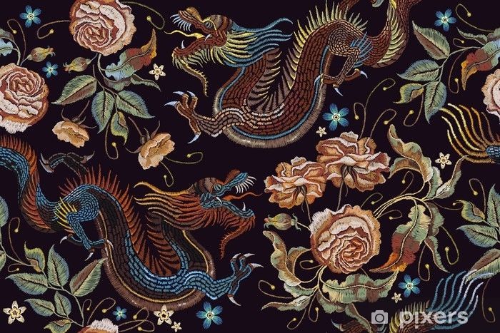 Embroidery vintage chinese dragons and flowers peonies seamless pattern. Classical embroidery asian dragons and beautiful peonies seamless pattern. Art dragons t-shirt design. Clothes, textile art Sticker • Pixers® • We live to change -   14 plants design pattern ideas