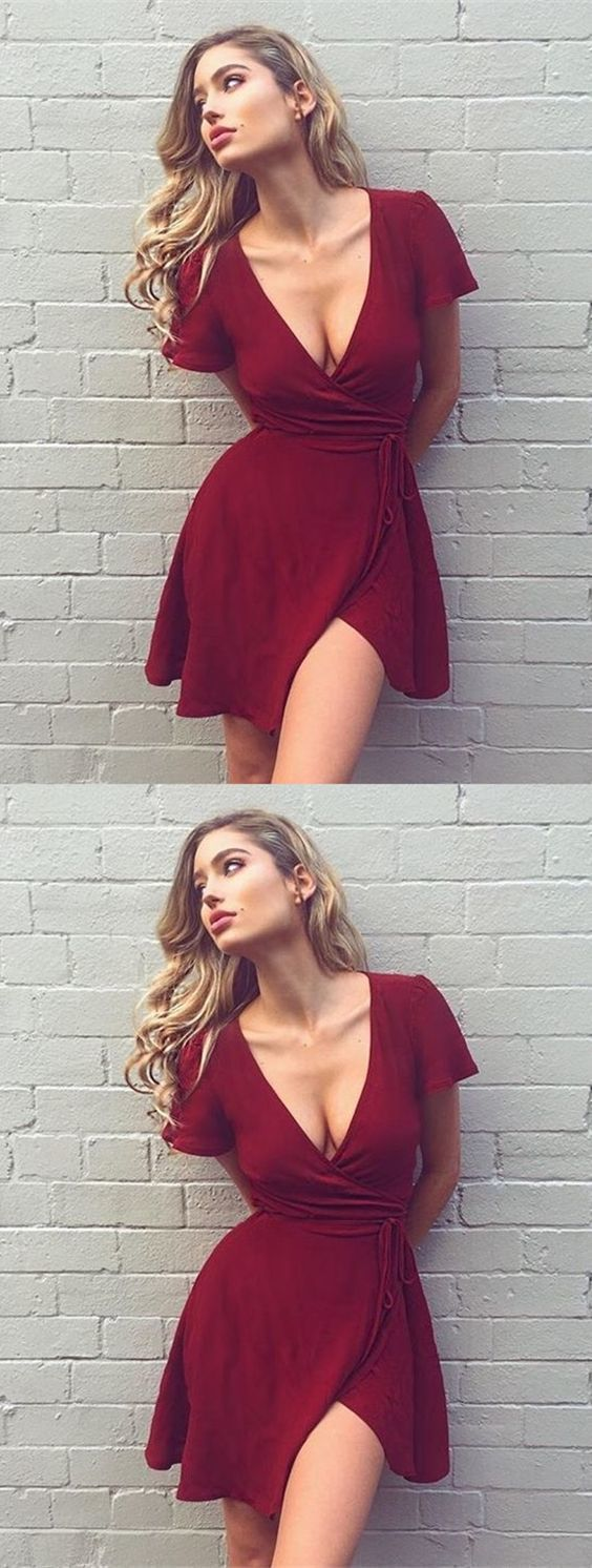 A-Line V-Neck Burgundy Chiffon Homecoming Dress with Belt -   15 dress Casual party ideas