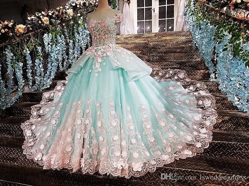 2019 Quinceanera Dresses Sexy See Through Back Flowers Green Appliques Pink Lace And 3D Flowers O-Neck Organza Sweet 16 Dresses Prom Dresses -   15 dress Quinceanera court ideas