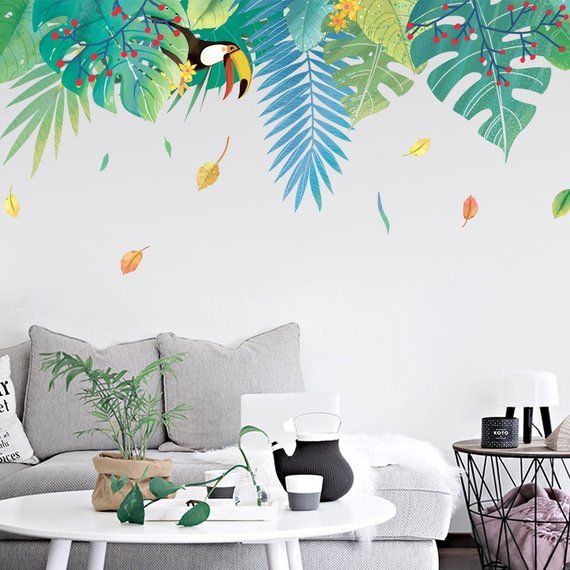 Bohemia large leaf wall decal, green plants Wall Stickers, greenery wall decal, charm decor,living room Wall Sticker,cute bird red fruit -   15 electrical plants Room ideas
