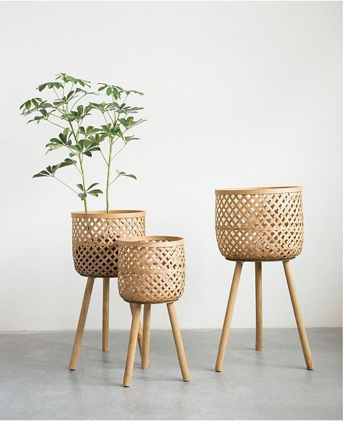 Round Bamboo Floor Baskets w/ Wood Legs, Set of 3 -   15 plants Interior wood ideas