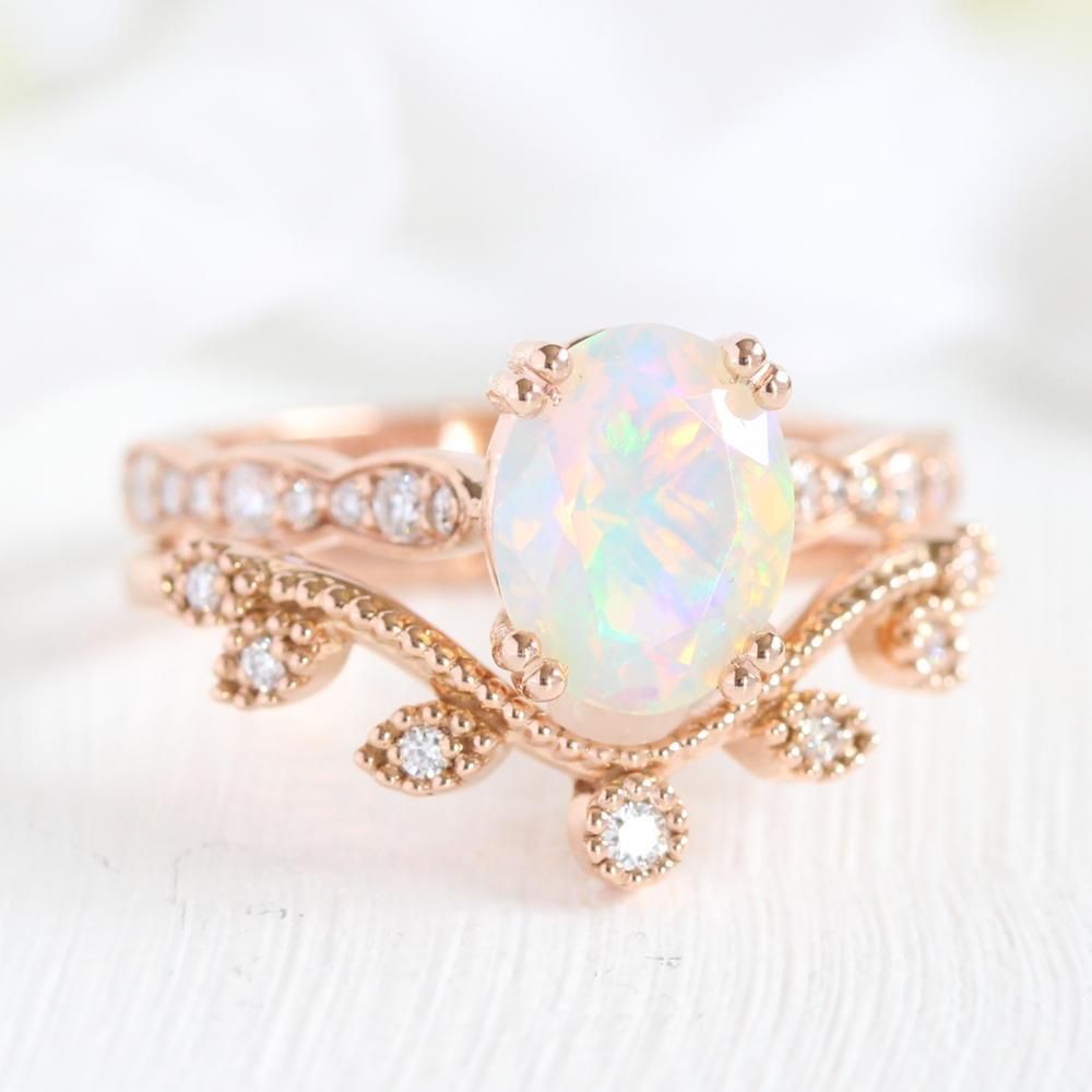 Grace Solitaire Bridal Set w/ Opal and Curved Leaf Diamond Band -   15 wedding Rings opal ideas