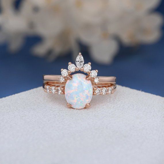 Antique Lab Opal Engagement Ring Set Bridal Set Rose Gold Unique Natural Marquise Diamond Wedding Band Women Cluster Ring Oval Cut Opal 2pcs -   15 wedding Rings opal ideas