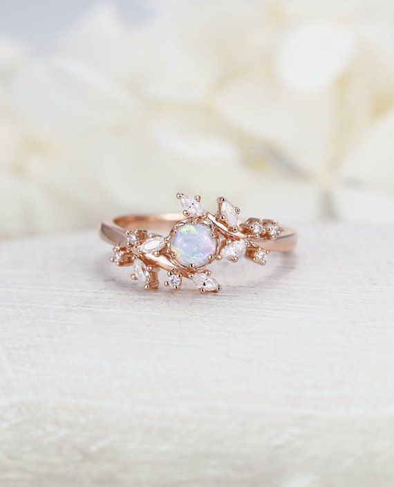 Opal engagement ring Rose gold engagement ring Diamond Cluster ring Unique Delicate leaf wedding women Bridal set Promise Anniversary Gift -   15 wedding Rings opal ideas