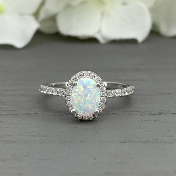 White Opal Ring Art Deco Oval White Fire Opal Simulated Diamond Promise Engagement Ring Sterling Sil -   15 wedding Rings opal ideas