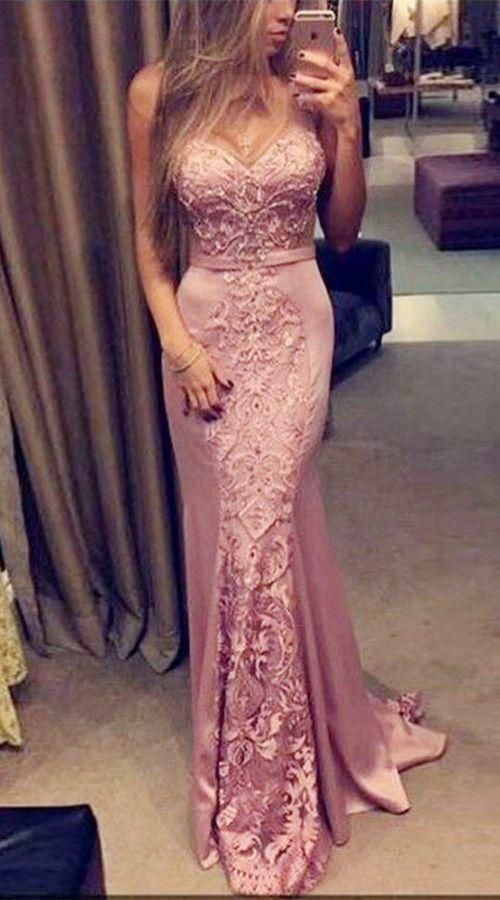 Mermaid Sweetheart Sleeveless Blush Stretch Satin Prom Dress with Lace -   16 dress Prom ugly ideas