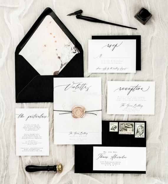Minimalist Wedding Invitation Set | Calligraphy Wedding Invites | Simple Wedding Invitation Suite Pr -   16 wedding Invites black and white ideas