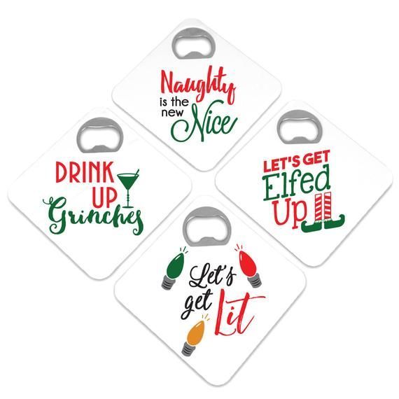 Holiday Party Favor Bottle Opener Coasters, Naughty Holiday Sayings Bottle Opener Coasters - Set of -   18 holiday Sayings parties ideas