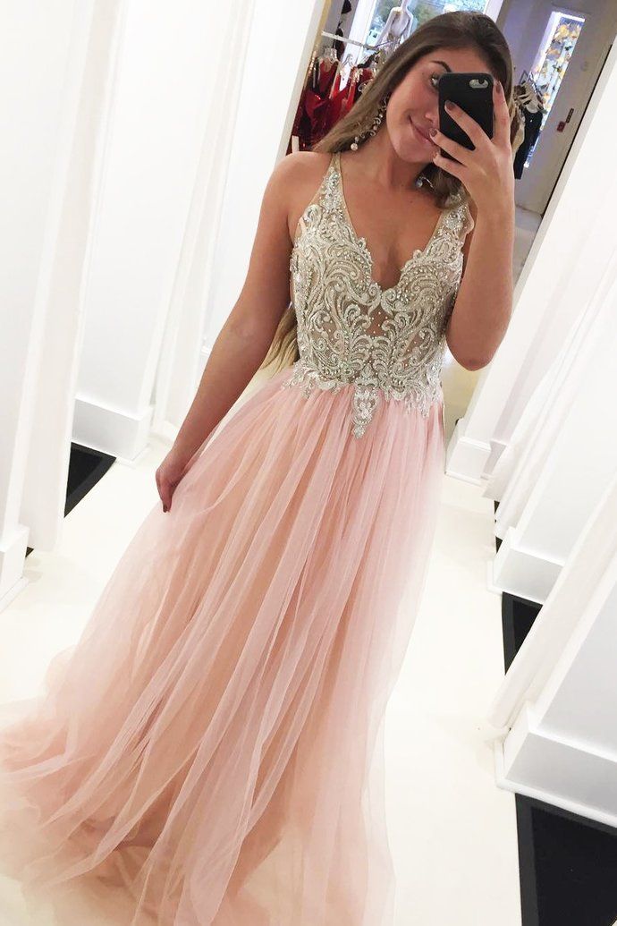 Princess V neck Tulle A-line Pink Long Evening Prom Dress with Appliques, Pink Homecoming Dress -   19 dress Pink tulle ideas